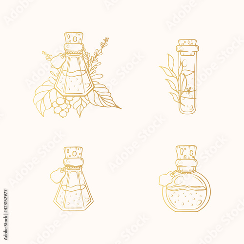 Golden Love potion set with floral branches. Vector isolated gold elixirs for witchcraft.