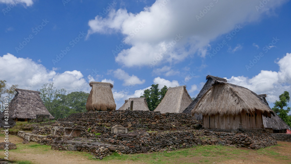 Panorama of beautiful Lio tribe traditional village Wologai near Kelimutu, Flores island, East Nusa Tenggara, Indonesia Panorama of beautiful Lio tribe traditional village Wologai near Kelimutu, Flores island, East Nusa Tenggara, Indonesia