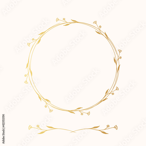 Gold floral wedding wreath and divider. Vector isolated botanical border. Golden flourish frame. 