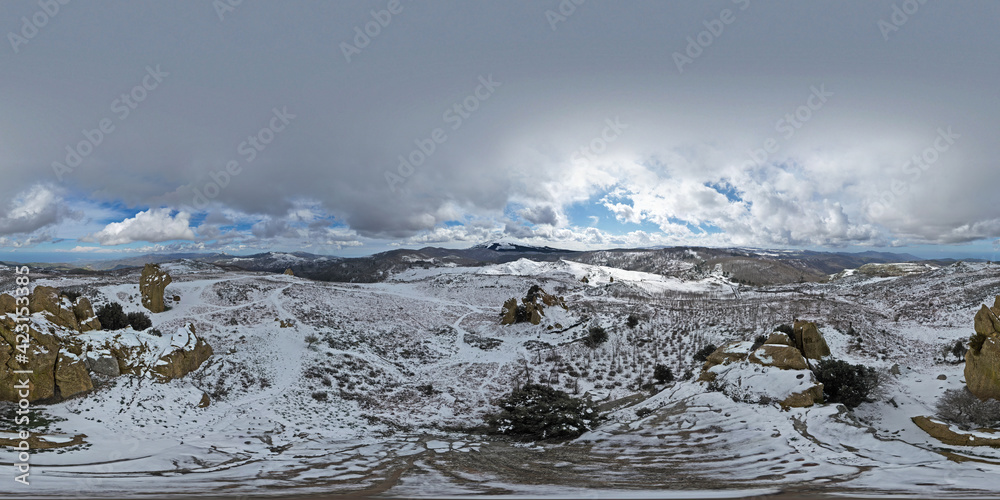 360 degree virtual reality panorama of the Argimusco megalithic complex near Montalbano Elicona in winter. Winter in the Sicilian mountains.