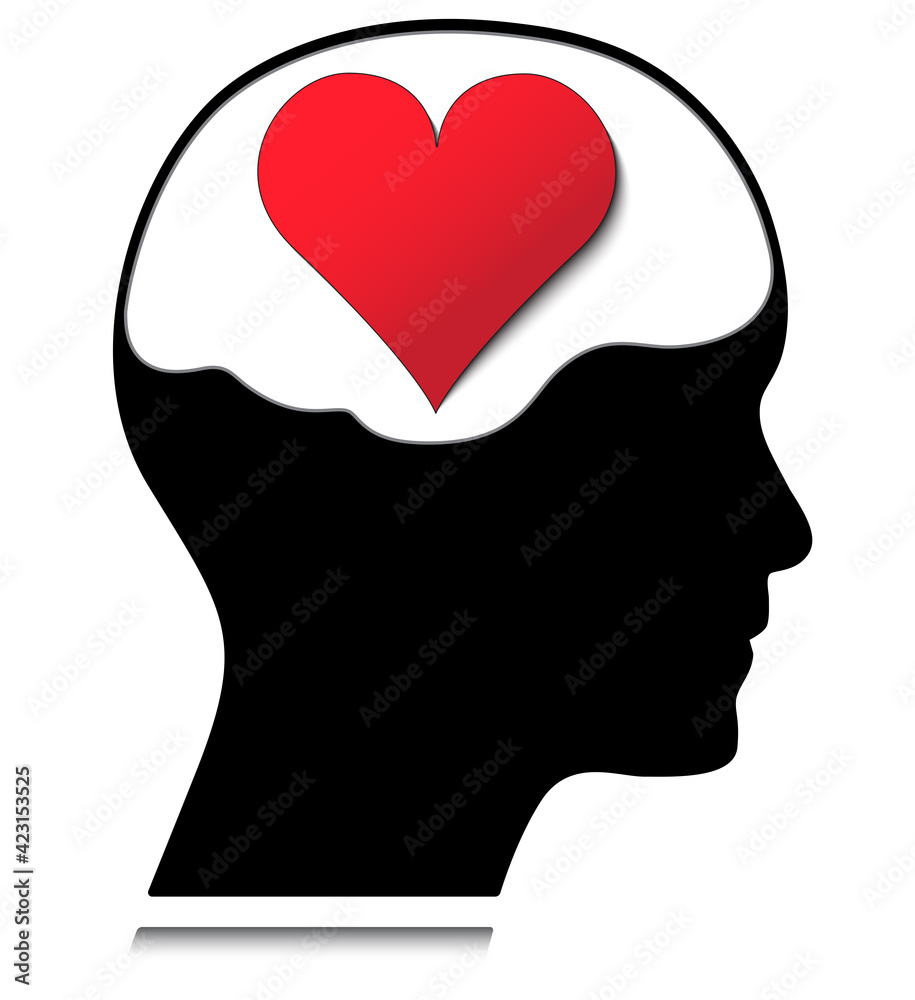 Head silhouette with red heart vector illustration. People thinking about love concept design isolated on white. Head silhouette with red heart vector illustration. People thinking about love concept design isolated on white.