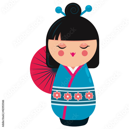 Cute japanese kokeshi doll character. Cartoon vector illustration