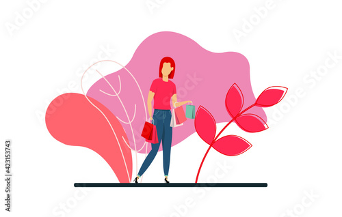 A woman holds packages with purchases. Illustration in flat style