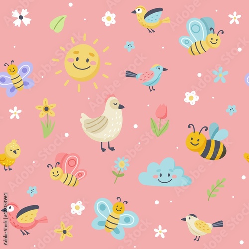 Easter pattern with cute butterflies, bees and birds. Hand drawn flat cartoon elements. Vector illustration