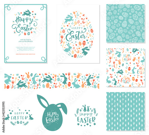 Happy Easter templates with bunnies,eggs, flowers, floral frames and wreaths, rabbit and text. Matching backgrounds and patterns, Great for Easter cards, invitations, banners, wallpapers - vector