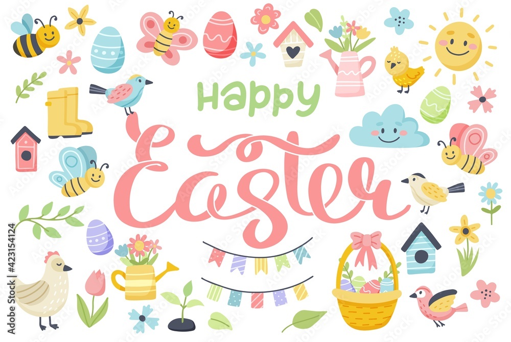 Happy easter lettering with cute eggs, birds, bees, butterflies. Cute hand drawn vector illustration, card template
