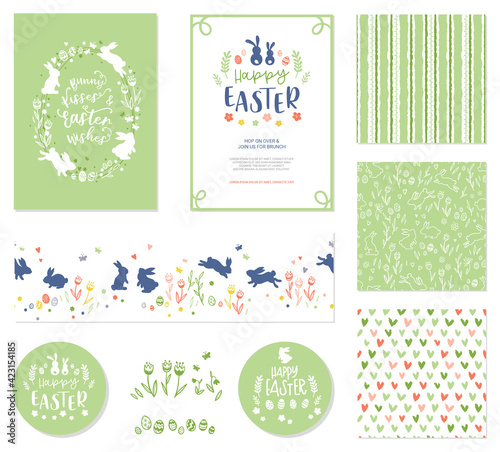 Happy Easter templates with bunnies,eggs, flowers, floral frames and wreaths, rabbit and text. Matching backgrounds and patterns, Great for Easter cards, invitations, banners, wallpapers - vector
