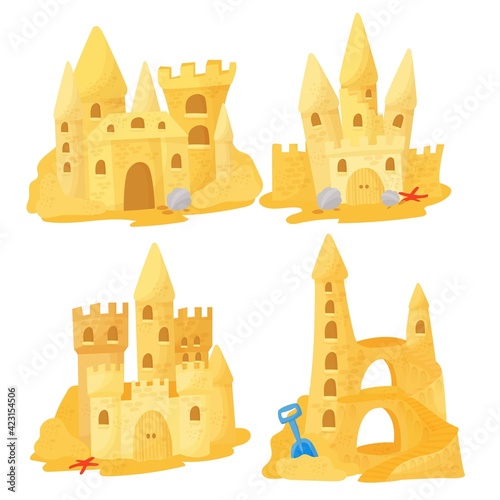 Sand castle on the beach. A set of buildings on the beach, games on the coast. Vector illustration isolated on white background.