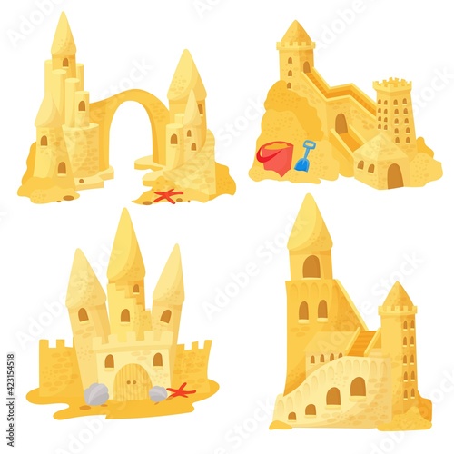 Sand castle on the beach. A set of buildings on the beach, games on the coast. Vector illustration isolated on white background.