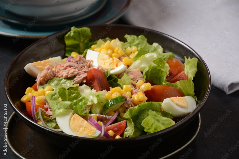 Tuna Fish Salad with Lettuce, Cherry Tomatoes, Cucumber, boiled eggs, onions and Corn Tuna Fish Salad with Lettuce, Cherry Tomatoes, Cucumber, boiled eggs, onions and Corn