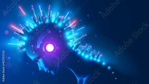 Futuristic smart city on head AI in image female cyborg or robot woman. Artificial intelligence, IOT technology, internet communications in modern city infrastructure system. Skyscrapers in neon light