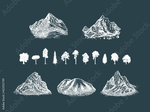 Mounts shapes set with silhouettes of trees.