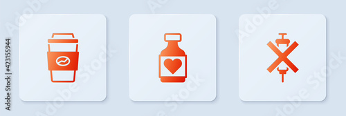 Set Vitamin pill, Coffee cup to go and No doping syringe. White square button. Vector