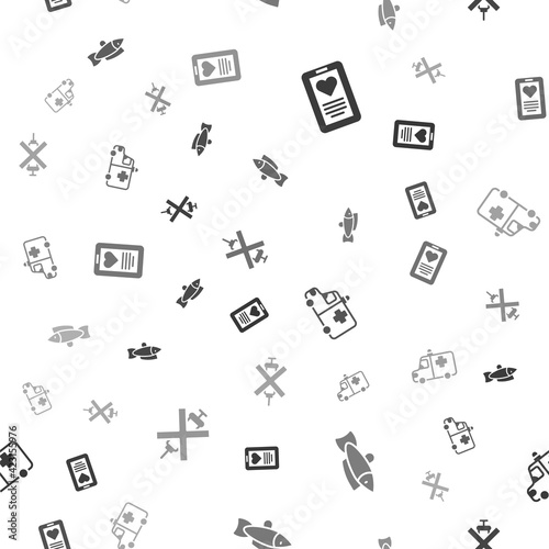 Set Medical clipboard, Fish, Ambulance and emergency car and No doping syringe on seamless pattern. Vector