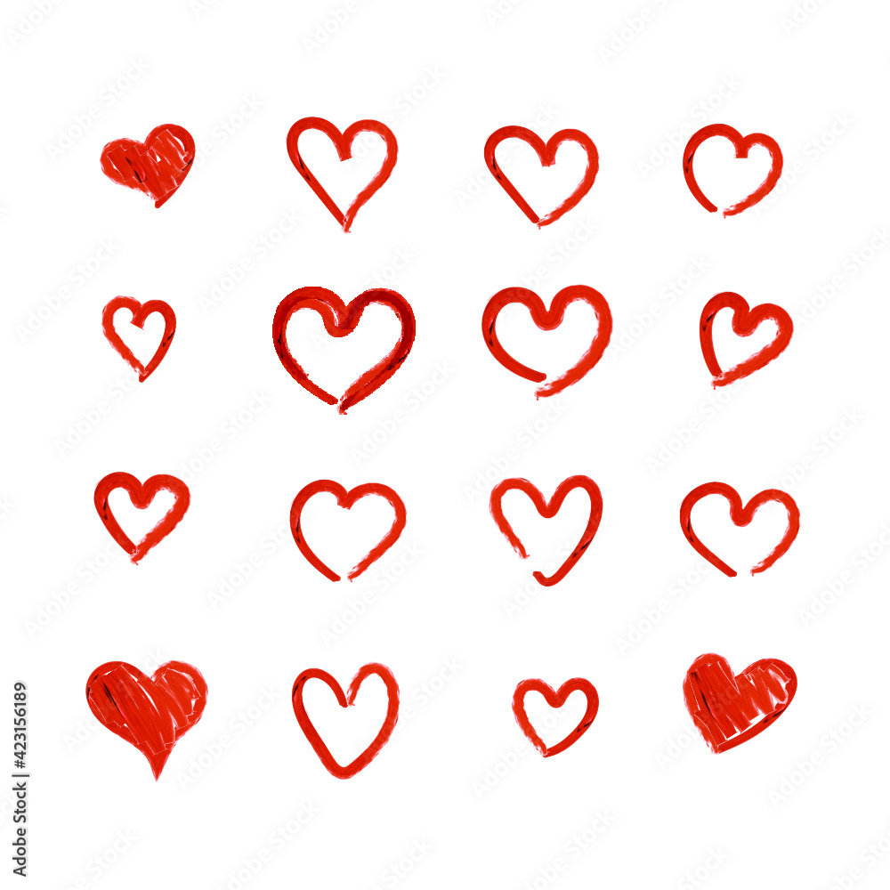 Vector set of hand drawn red hearts isolated on white background, red brush strokes, wedding, valentines day illustration.
