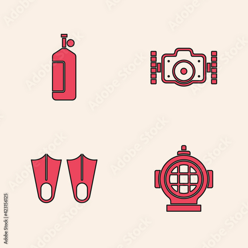 Set Aqualung, , Photo camera and Rubber flippers icon. Vector