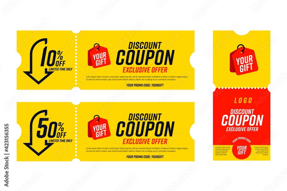 10, 50 percent off exclusive offer discount coupon template. Promo code gift with place for company or retail shop logo valid limited time only vector illustration isolated on white background