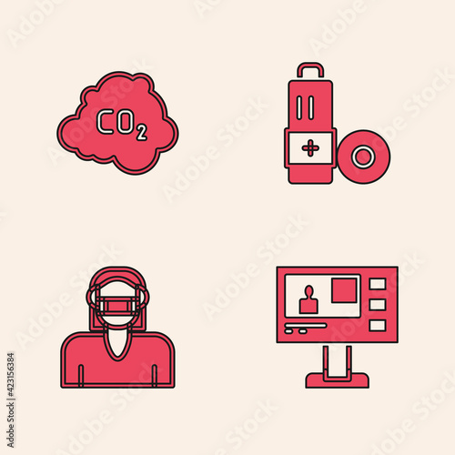 Set Television report, CO2 emissions in cloud, Battery and Face protective mask icon. Vector
