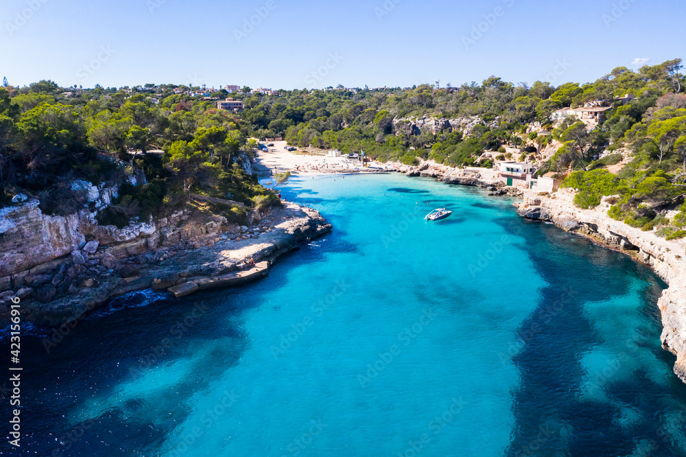 Aerial view, bay of Cala Llombards, Santanyi, Mallorca, Balearic Islands, Spain,