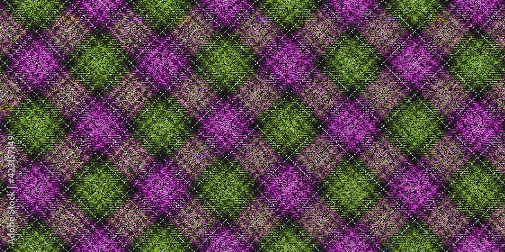 ragged old grungy checkered fabric seamless texture bright pink and green stripes with white threads on black for gingham, plaid, tablecloths, shirts, tartan, clothes, dresses, bedding, blankets