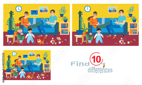 The family is at home.Find 10 differences, vector image.