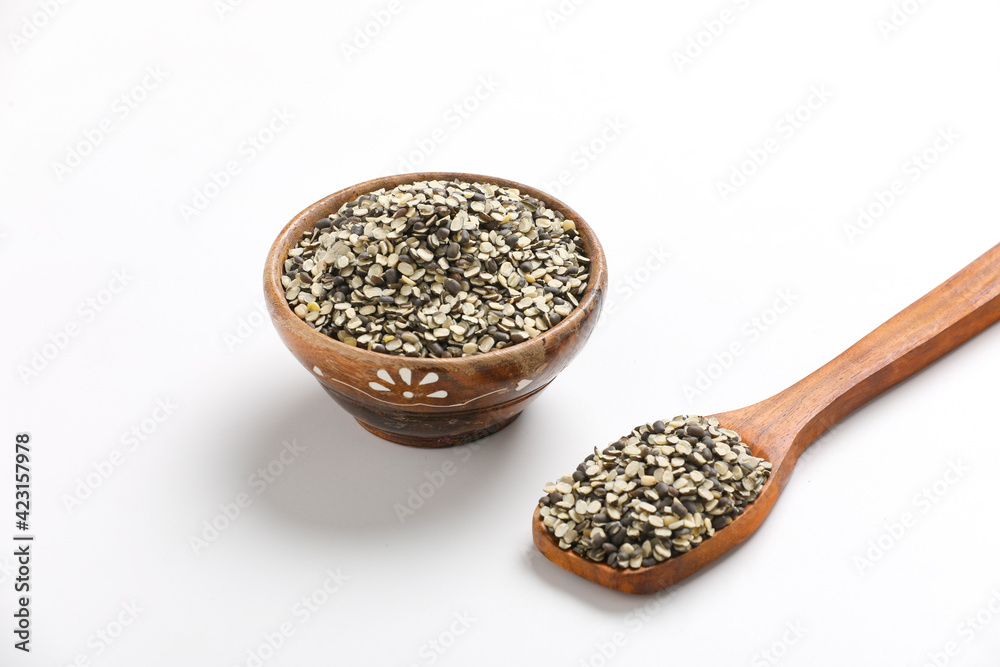 Split Black Lentil Also Know as Black Gram, Black Urad Dal, Vigna Mungo, Urad Bean on White Background Split Black Lentil Also Know as Black Gram, Black Urad Dal, Vigna Mungo, Urad Bean on White Background