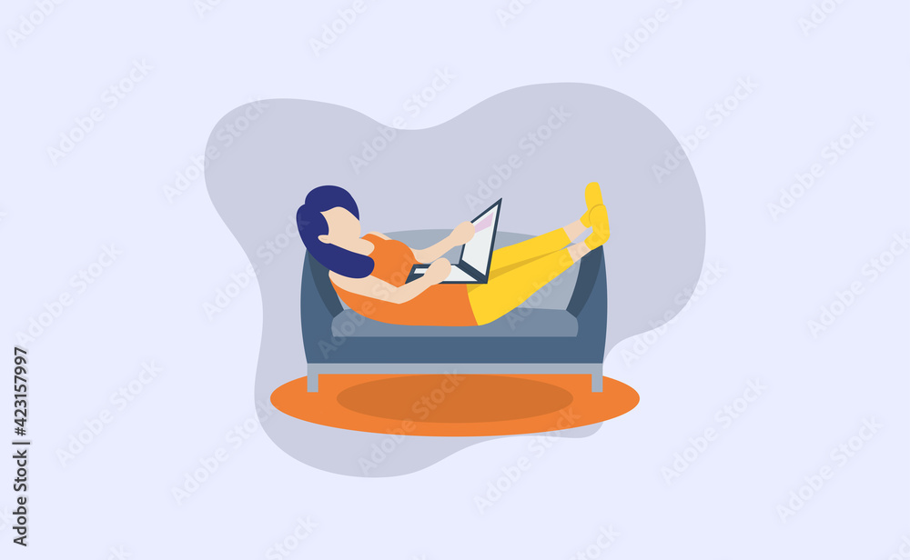 Employees work from home during covid-19 outbreak. Prevention of Corona Virus. Self quarantine concept. Woman working on laptop and lying on the blue sofa. stay home, stay safe illustration
