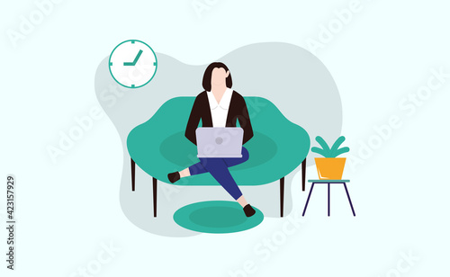 Employees work from home during covid-19 outbreak. Prevention of Corona Virus. Self quarantine concept. Woman working on laptop sit on the green sofa. stay home, stay safe illustration