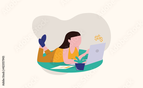 Employees work from home during covid-19 outbreak. Prevention of Corona Virus. Self quarantine concept. Woman working on laptop and lying on the floor. stay home, stay safe illustration