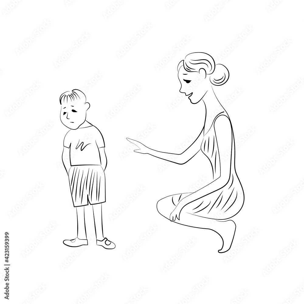 Sad a child and mumnd hurt, mother comforts him, sitting next . Vector black and white line image. Sad a child and mumnd hurt, mother comforts him, sitting next . Vector black and white line image.