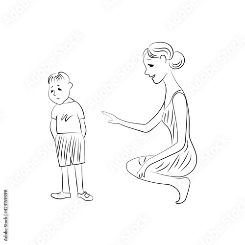 Sad a child and mumnd hurt, mother comforts him, sitting next . Vector black and white line image.