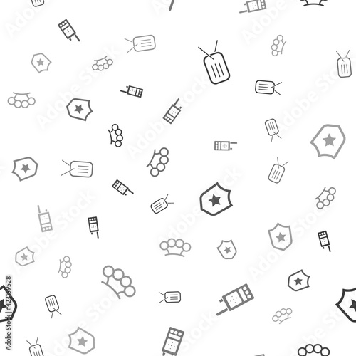 Set Military dog tag, Walkie talkie, reward medal and Brass knuckles on seamless pattern. Vector