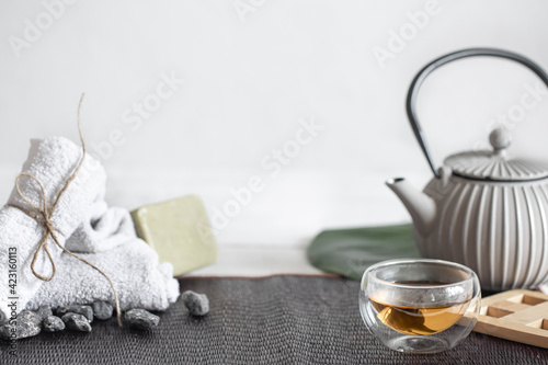 Spa composition with bath accessories and tea copy space. photo