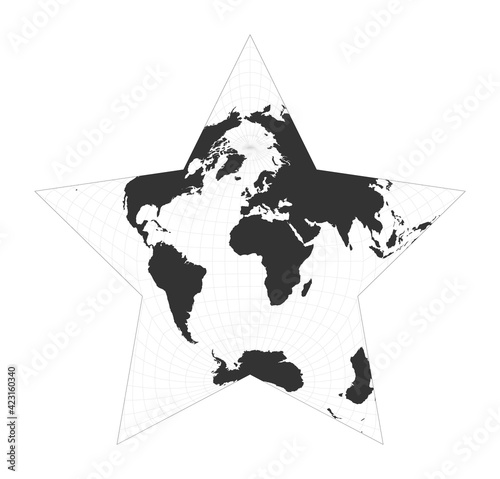 Map of the world. Berghaus star projection. Globe with latitude and longitude net. World map on meridians and parallels background. Vector illustration.