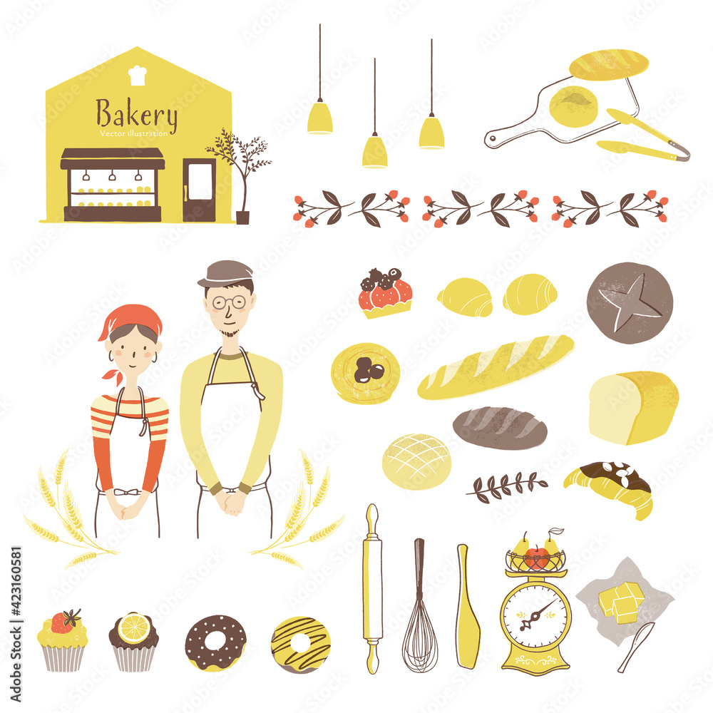 古民家ベーカリー 店主とパンのイラスト 素朴なタッチ Stock Vector Adobe Stock