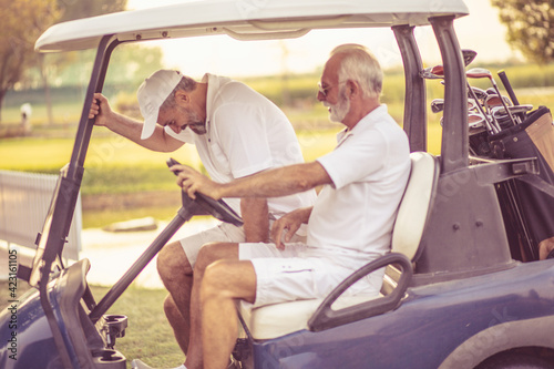 Two happy older friends are riding in a golf cart.