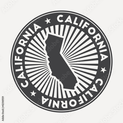 California round logo. Vintage travel badge with the circular name and map of the US state, vector illustration. Can be used as insignia, logotype, label, sticker, or badge of California.