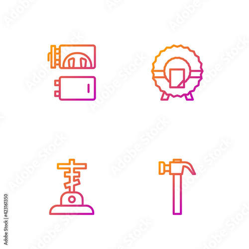 Set line Hammer, Grave with cross, Crematorium and Memorial wreath. Gradient color icons. Vector