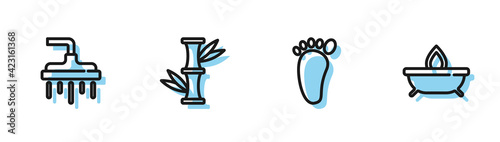 Set line Foot massage, Shower head, Bamboo and Aroma candle icon. Vector