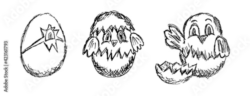 Vector set of black and white grunge sketches of nestlings in eggshell. Freehand pencil lineart drawing of cute easter hatching chicks
