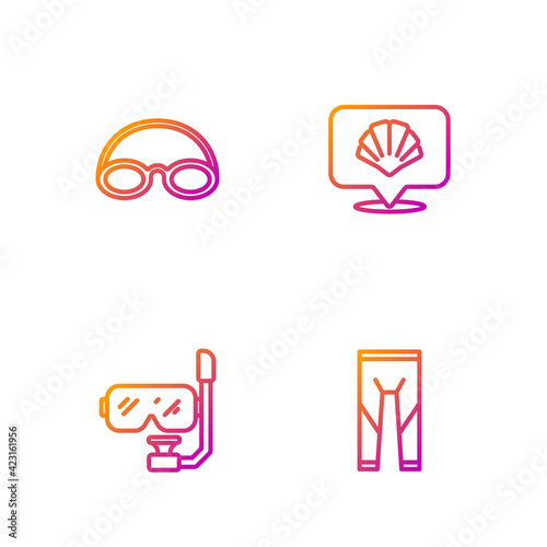 Set line Wetsuit, Diving mask and snorkel, Glasses cap and Scallop sea shell. Gradient color icons. Vector