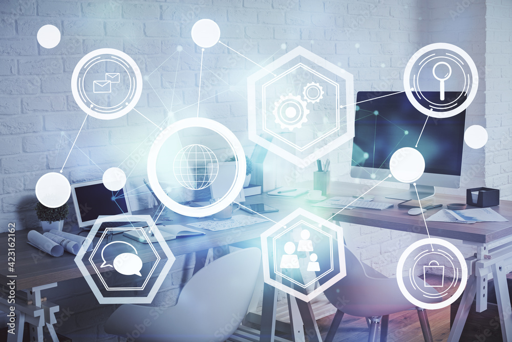 Double exposure of social network theme drawing and office interior background. Concept of web.