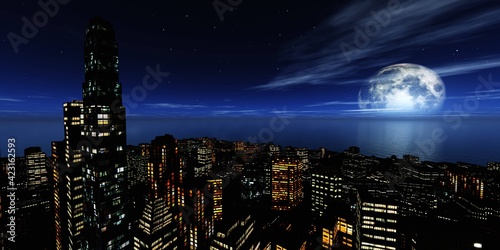 Photography Moon over the night city, night city under the moon, night skyscrapers against t