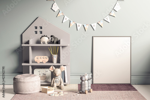 Mock up poster frame in children room,kids room,nursery mockup,3d rendering