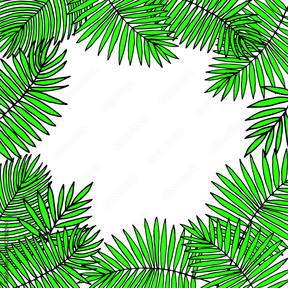 Bright seamless pattern with palm leaves on a white background. Vector drawing.