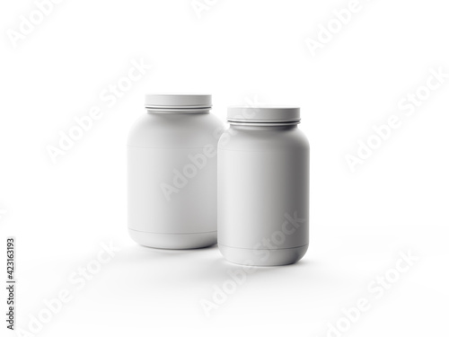 White Realistic sport nutrition containers with white background, 3d Render