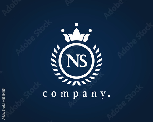 Letter NS, N or S calligraphic and crown monogram. Laurel elegant beautiful round identity. The vintage emblem for Royalty, Restaurant, Boutique, Hotel, Heraldic, Jewelry, Cafe, Brand name, label.