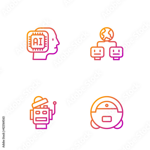 Set line Robot vacuum cleaner, , Humanoid robot and Artificial intelligence. Gradient color icons. Vector