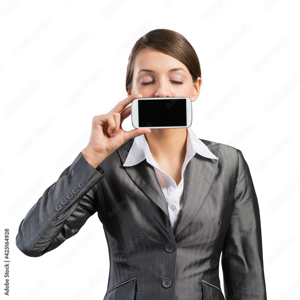 Pretty woman with closed eyes showing mobile phone Pretty woman with closed eyes showing mobile phone