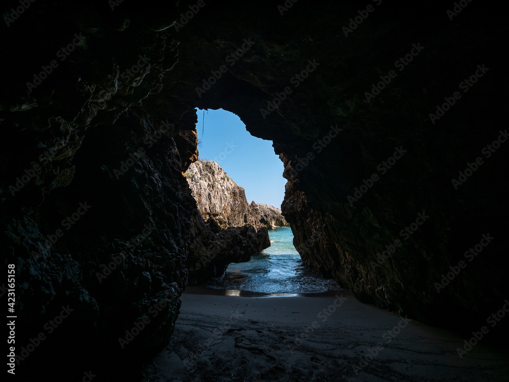 sea cave on a beach on the Tyrrhenian Sea near Marina di Camerota. Salerno, Campania, Italy